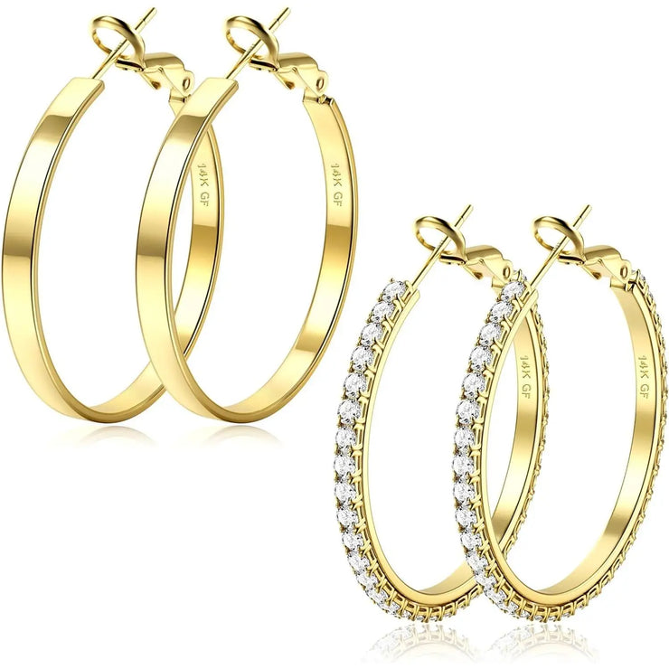 Fansilver S925 Silver Earrings 14K Gold Plated Large Hoop Earrings for Women Elegant Vintage Lightweight Thin Big Hoops Set