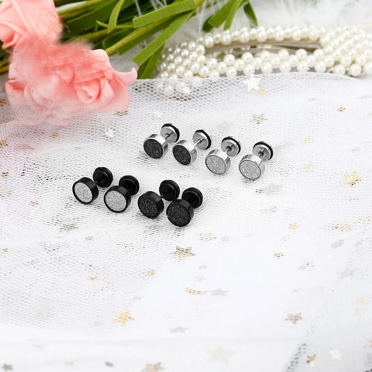 1 Pair Men Women Stud Earrings Stainless Steel Illusion Tunnel Plug Screw Back with Sand Glitter 6/8/10mm