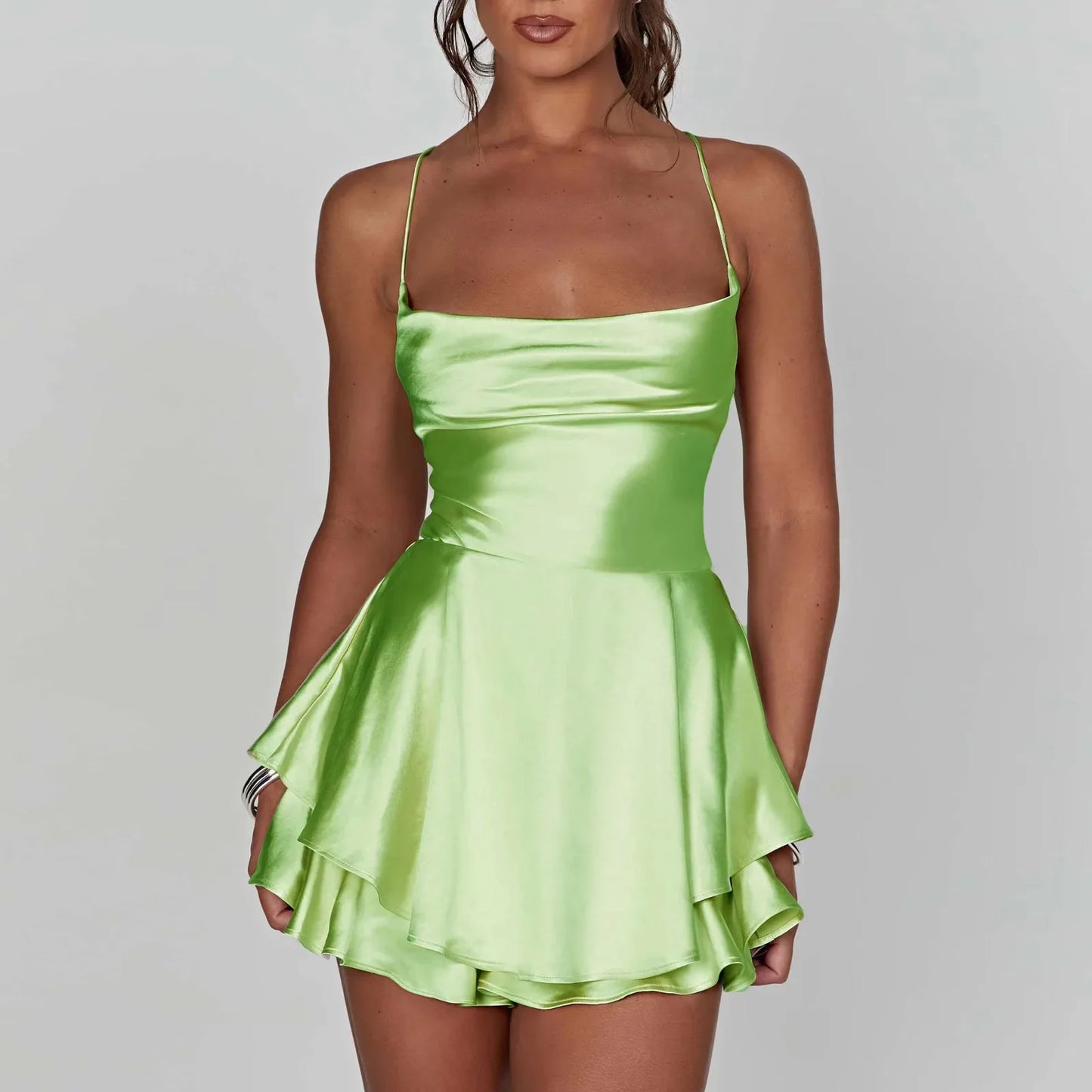 Women Tie-Up Romper Sling Backless Bandage Cross Jumpsuits Fashion Sleeveless Satin Playsuits Summer Streetwear Outerwear
