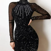 Summer New Women's Solid Color Rhinestone Turtleneck Dusting Powder Slim Long Sleeve Dress