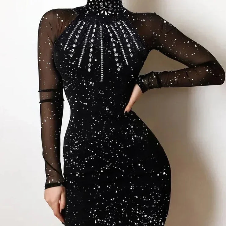 Summer New Women's Solid Color Rhinestone Turtleneck Dusting Powder Slim Long Sleeve Dress