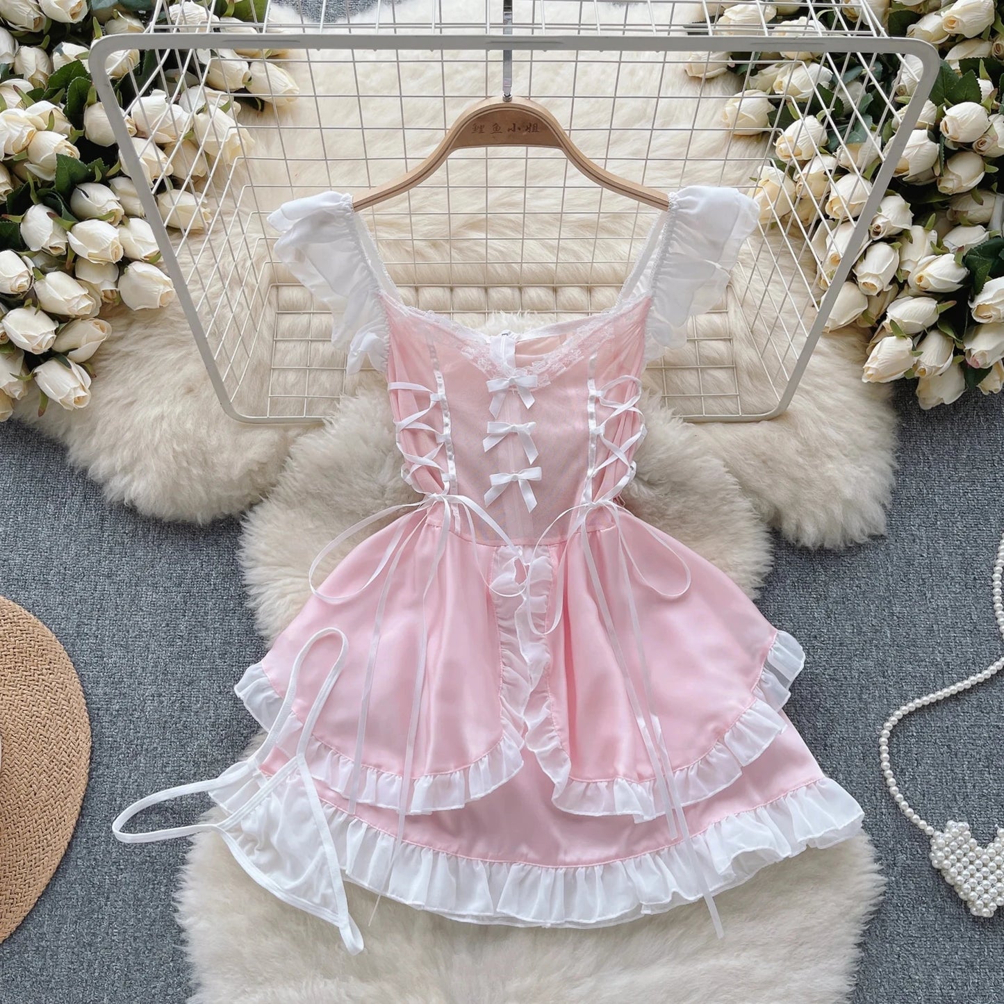 Spring Summer Sexy Lace Mesh Classical Metal Buckle With Hairball Jumpsuit Single-Breasted Eastern Style Stand Collar Bodysuit