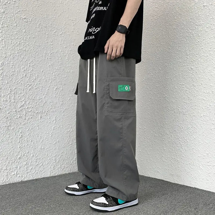 Spring Summer New Fashion High Waist Men's Clothing Casual All Match Korean Style Solid Color Loose Straight Rope Hombre Pants