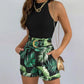 Floral Print Two-Piece Outfit - Sleeveless Halter Neck Top with Adjustable Tie, Belted High Waist Shorts with Pockets