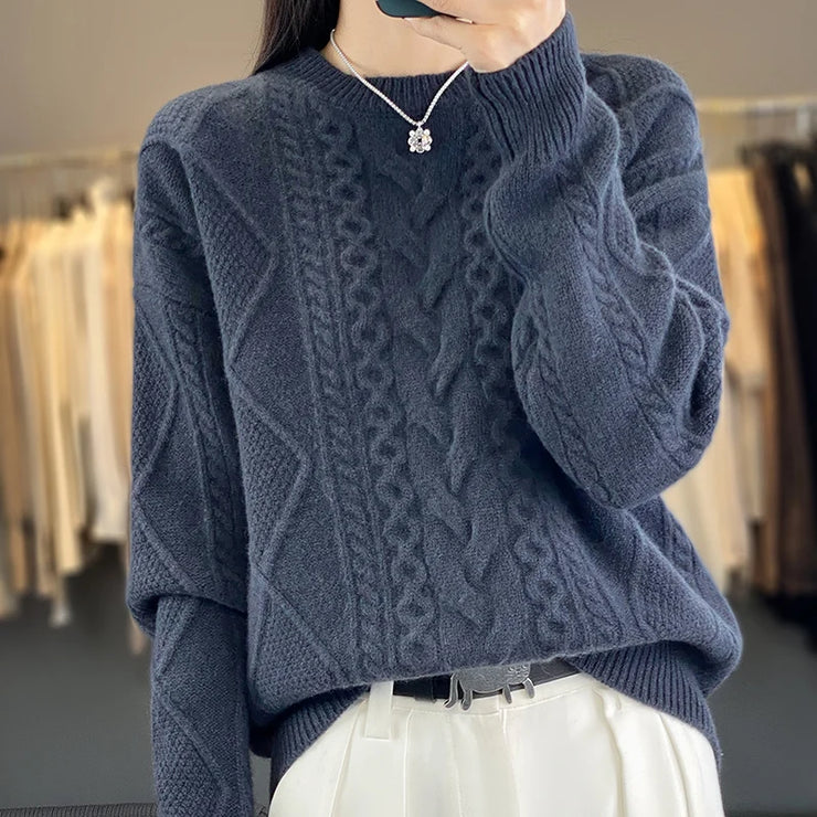 Enlarged And Thickened Merino Wool Sweater Women's Round Neck Autumn Winter New Long Sleeved New Cashmere Knit Pullover Top