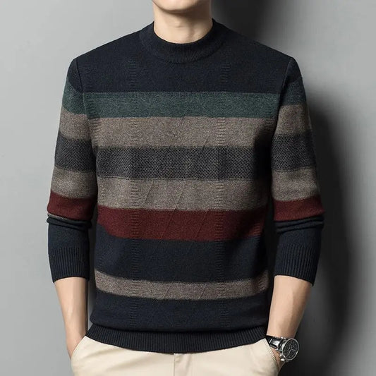 Suéter de cuello redondo grueso de alta gama para hombre, moda de otoño e invierno, elegante, informal, holgado, versátil, de punto con retazos, de manga larga