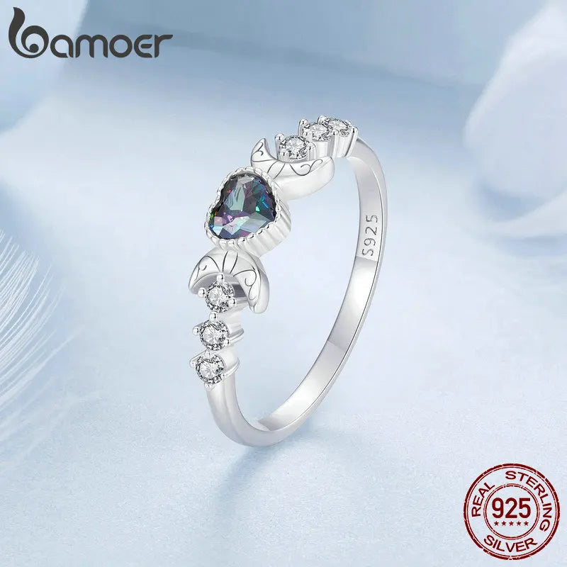 BAMOER White Gold Plated Moon Heart Ring, 925 Sterling Silver Vintage Fashion Rings for Women Girls BSR534