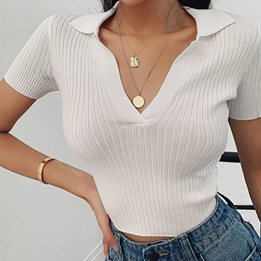 ITOOLIN Women Polo Shirts Short Sleeve Knit T-shirt Plain Women Ribbed V-neck Crop Top Solid Slim Cropped Tees Summer 2023