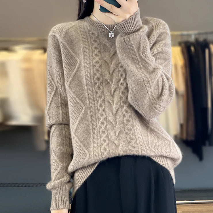 Enlarged And Thickened Merino Wool Sweater Women's Round Neck Autumn Winter New Long Sleeved New Cashmere Knit Pullover Top