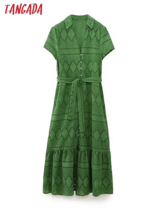 Tangada 2023 Summer Women Green Hollow Embroidery Dress With Slash Short Sleeve Female Vintage Midi Dress 6H410