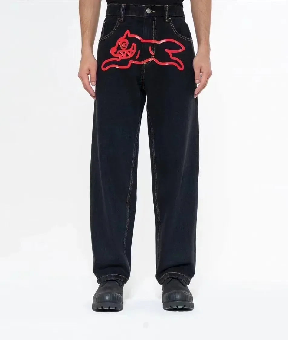 Harajuku Luxury Men Flying Dog Jeans Graphic Printed Y2k Pants Wide Leg Loosen Fit Vintage Denim Clothing For Male