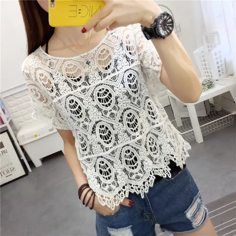 Summer New Crocheted Hollow Lace Shirt Women's Loose Short Short Sleeve T-shirt Top Bottoming Shirt Women's