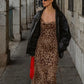 TRAFZA Femmes Mode Imprimé Léopard Robe En Tulle Sexy Dame Dos Nu Slip Robe Sans Manches Femme Soirée Robe Longue Vestidos