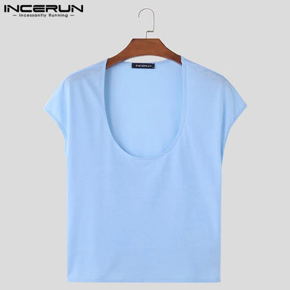 INCERUN Men Clothing Short Sleeve Summer Tops Tee Fashion Solid Color Men T-shirts Streetwear Casual T Shirt Oversize Top