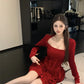 Autumn/winter Velvet Dress Red Engagement Birthday Party Mini Dress Christmas Square Collar Fishbone Puff Skirt For Women