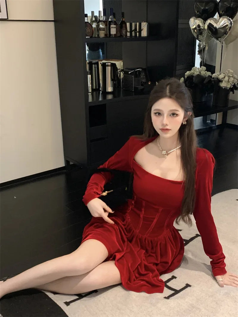 Autumn/winter Velvet Dress Red Engagement Birthday Party Mini Dress Christmas Square Collar Fishbone Puff Skirt For Women