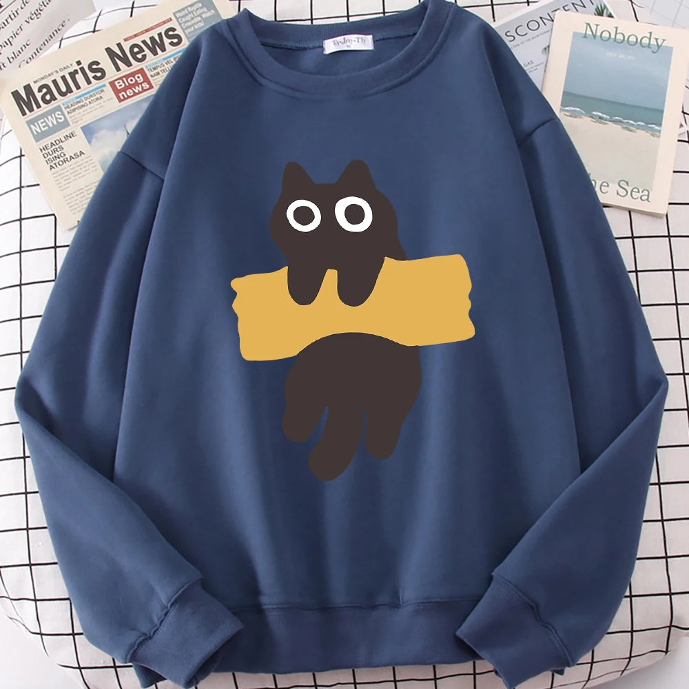 Fun Adhesive Tape Cat Cute Print Cartoons Hoody Men Women Hip Hop Hoodie Autumn New Hoodies O-Neck Loose Clothes Sweatshirts