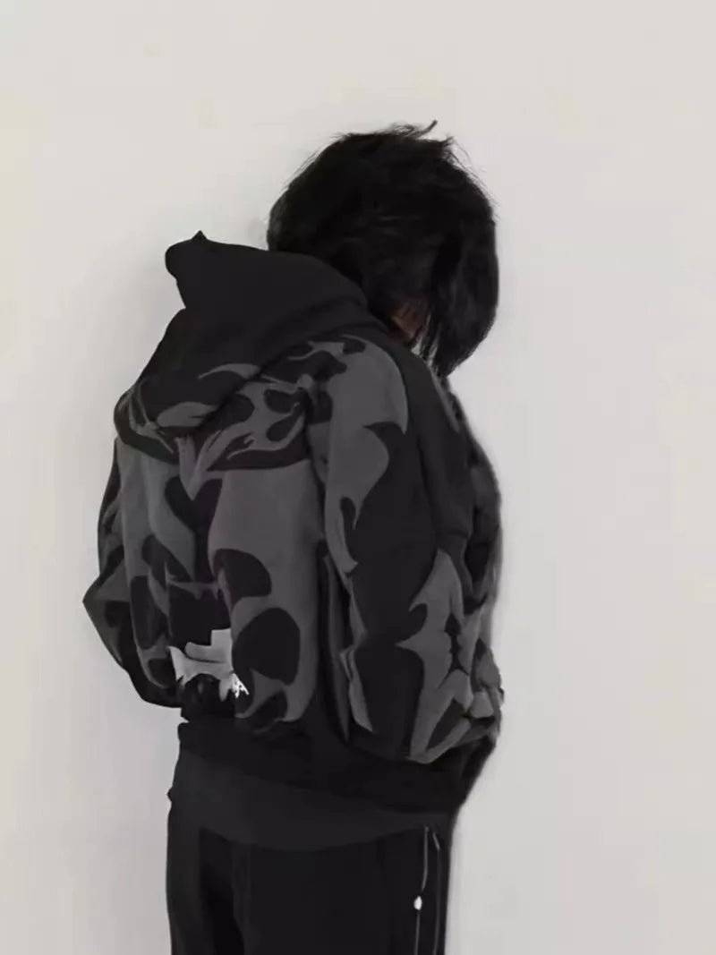 American fashion brand dark style pattern oversized hoodie men's Y2K street hip-hop Harajuku loose zipper sweatshirt women's