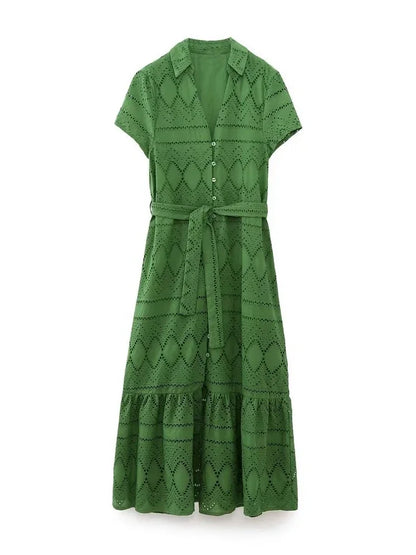 Tangada 2023 Summer Women Green Hollow Embroidery Dress With Slash Short Sleeve Female Vintage Midi Dress 6H410