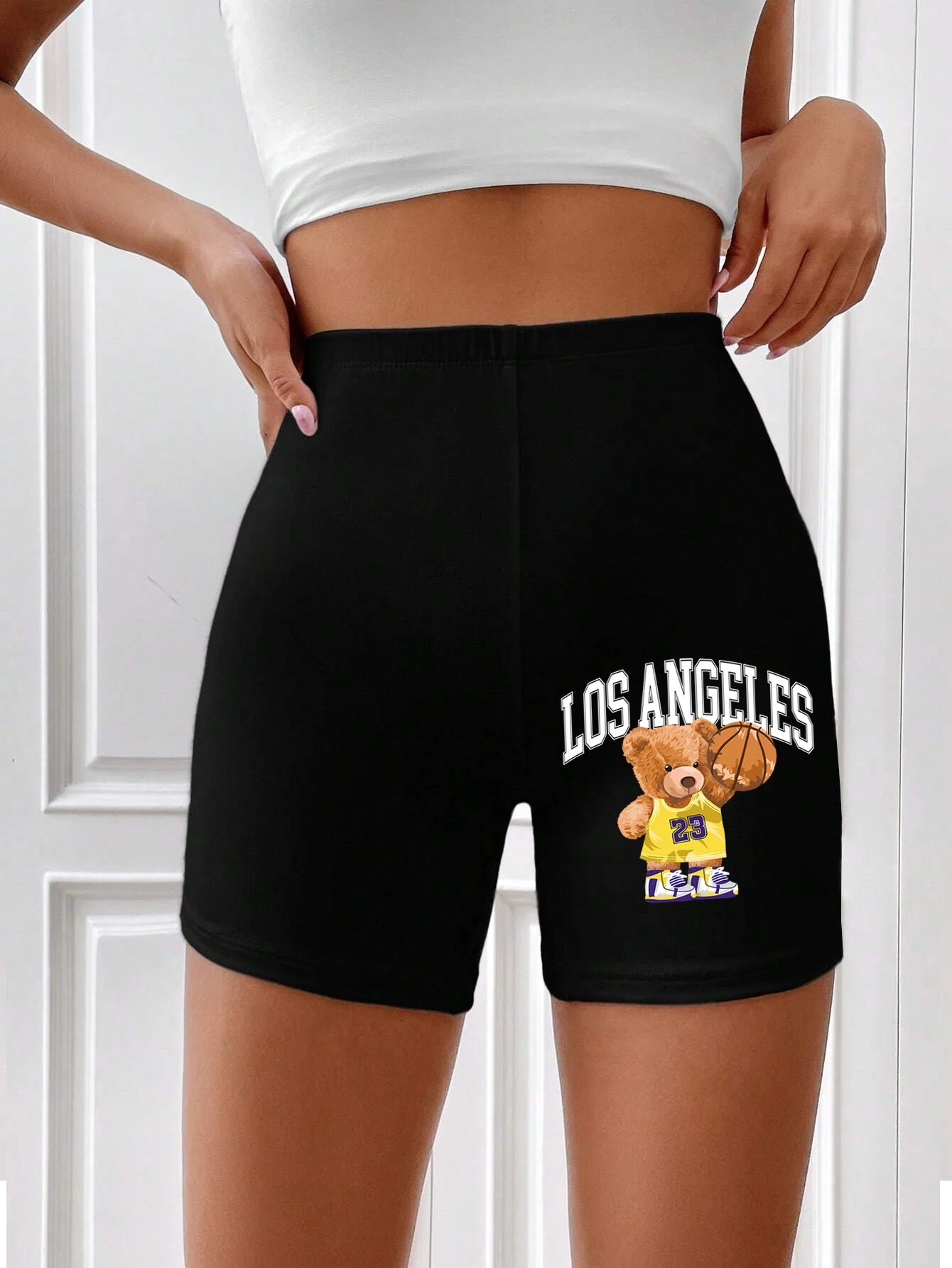 Cute Little Bear Printing Women Elastic Pants Hip Hop Breathable Shorts Street Summer Tight Pants Casual Oversize Sports Pants
