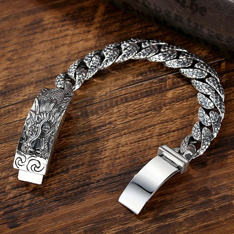 FoYuan Thai Silver Handmade Bracelet Male Domineering Dragon Head Bracele Fashion Retro Chinese Style Hip-Hop Punk Jewelry