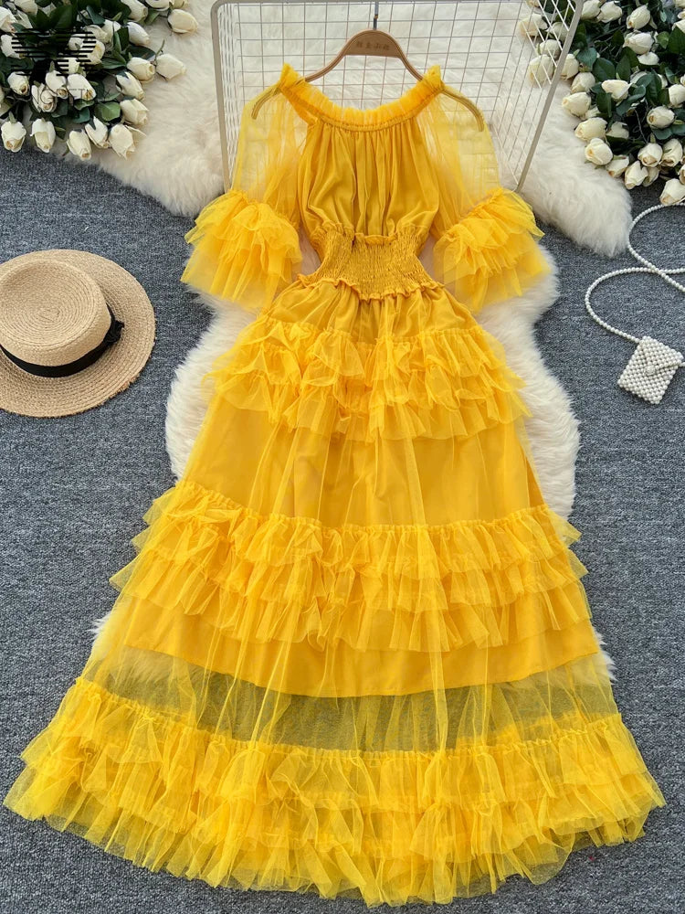 SINGREINY Elegante Vestido de Malla con Mangas Acampanadas y Hombros Descubiertos, Fruncido, Sólido, para Mujer, Otoño, Vestidos de Fiesta de Lujo para Personas Mayores