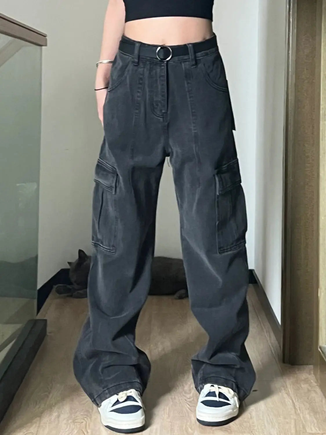 Autumn Women Harajuku Cargo Baggy Blue Jeans Streetwear Hip Hop Oversize Casual Wide Leg Vintage Demin Pants Y2k Loose Trousers