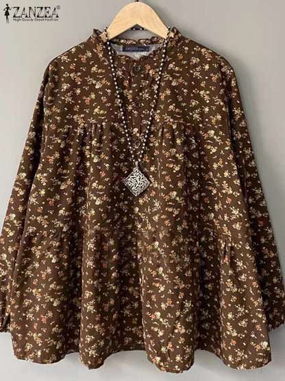 Vintage Long Sleeve Blusas Retro ZANZEA Causal Floral Printing Blouse Holiday Ruffles Neck Tops 2024 Autumn Loose Shirts Femme