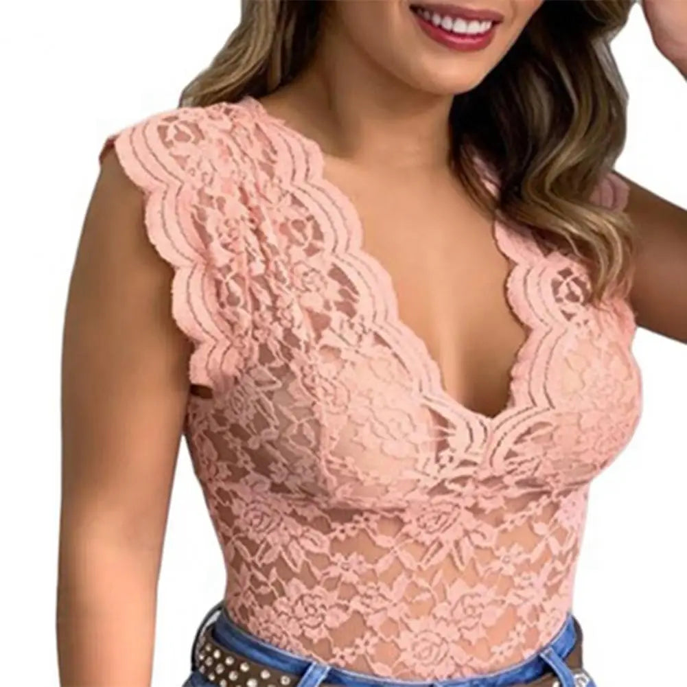 V-neck Sleeveless Tunic Top See-through Floral Lace Hollow Summer Blouse Streetwear