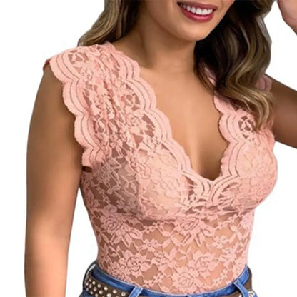 V-neck Sleeveless Tunic Top See-through Floral Lace Hollow Summer Blouse Streetwear
