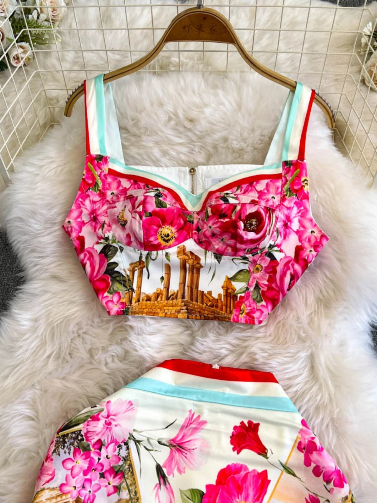 Fashion Summer Holiday Flower Two Piece Set Women Sexy Crops Tops Midi Skirts Suits 2pcs Outfits Long Pencil Skirts
