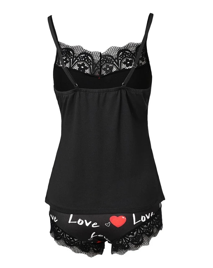 Two Piece Set Women Outfit 2025 Valentine's Day Love Heart Print Contrast Lace Sleeveless Cami Top & Home Shorts Pajama Set