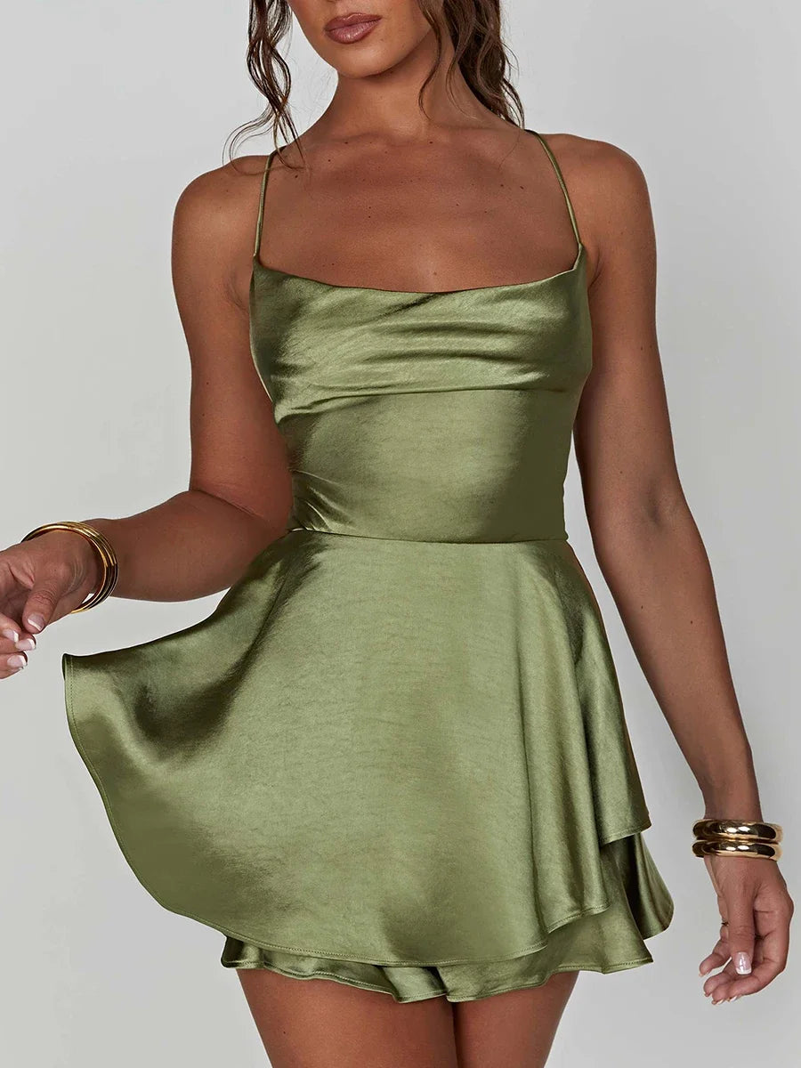 Women Tie-Up Romper Sling Backless Bandage Cross Jumpsuits Fashion Sleeveless Satin Playsuits Summer Streetwear Outerwear