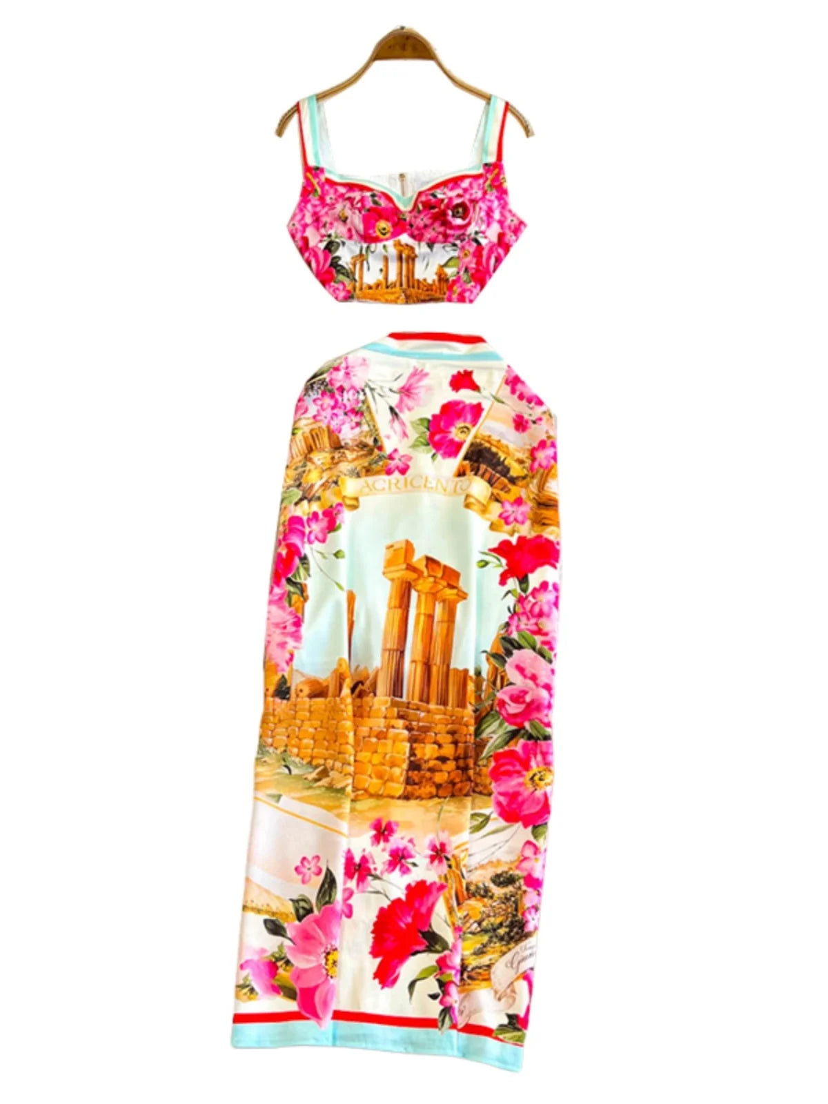 Fashion Summer Holiday Flower Two Piece Set Women Sexy Crops Tops Midi Skirts Suits 2pcs Outfits Long Pencil Skirts