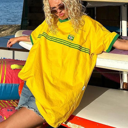 Camisetas de verano para mujer, camiseta amarilla bordada brasileña, informal, de manga media, holgada, Y2k, camisetas oversize para playa
