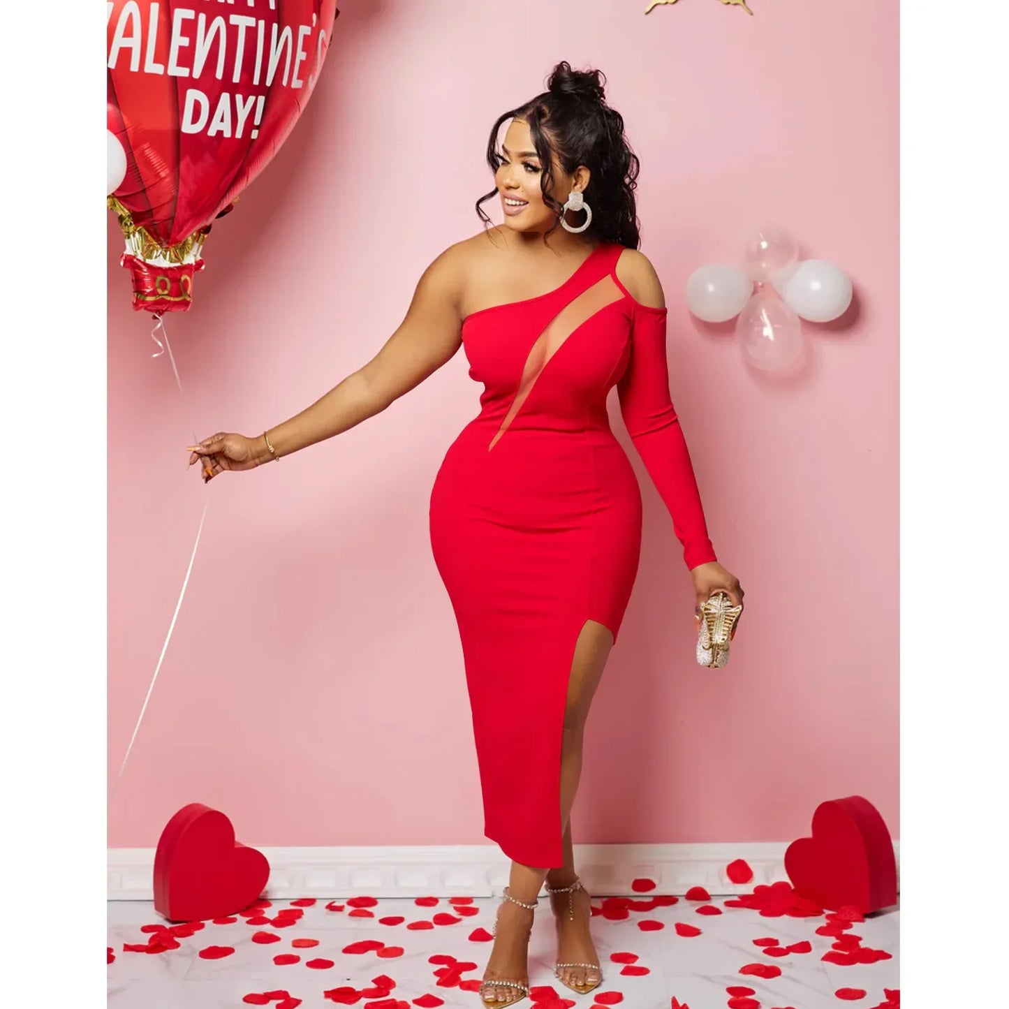 CM.YAYA Women Mesh Patchwork Cutout Shoulder One Long Sleeve Bodycon Midi Maxi Long Dress 2023 Club Evening Sexy Party Dresses