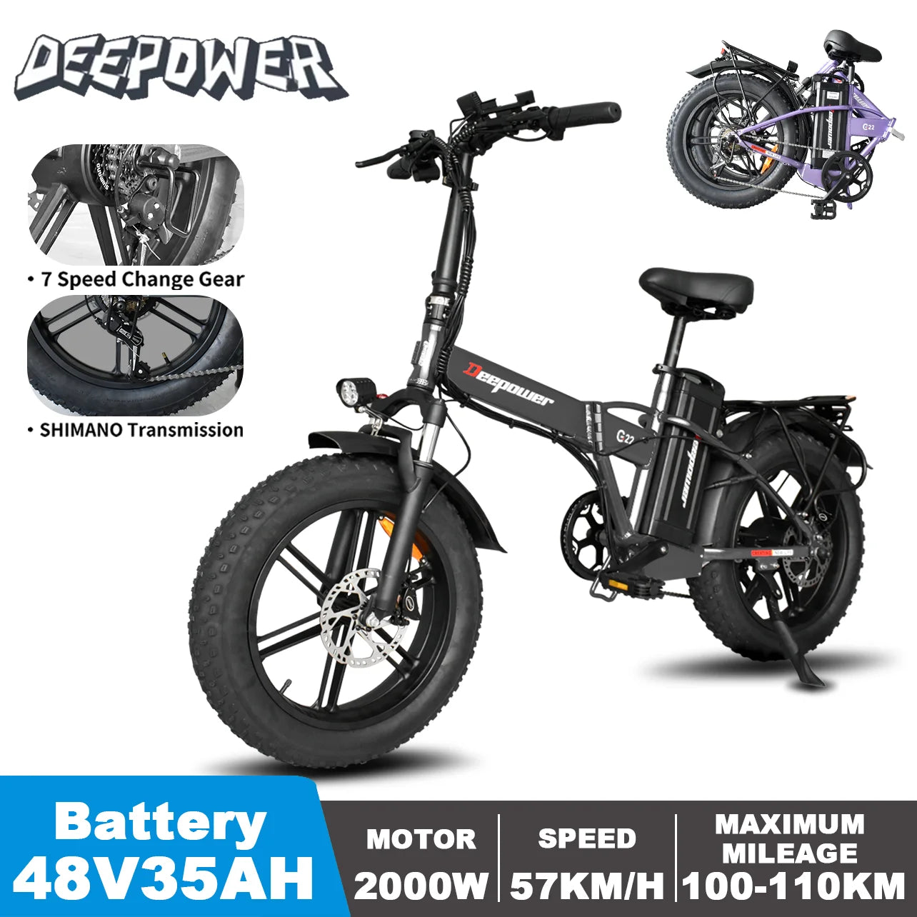 DEEPOWER G22 Electric Bicycle 2000W 48V 35AH 20Inch Fat Tire Electric Bike Folding Mountain Ebike Outdoor Adult Off-Road Bicycle