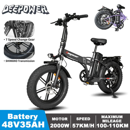 DEEPOWER G22 Electric Bicycle 2000W 48V 35AH 20Inch Fat Tire Electric Bike Folding Mountain Ebike Outdoor Adult Off-Road Bicycle