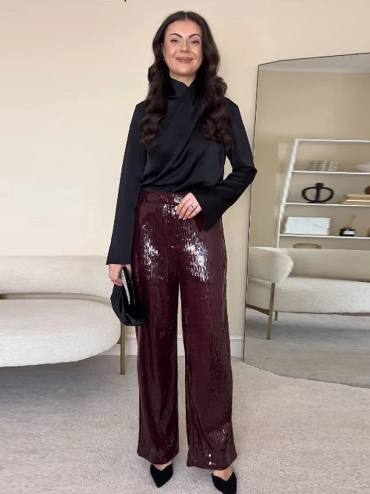 Street Sequin Pants Women Loose High Waist Wide Legs Shiny Trousers Female 2025 Spring Fashion Straight Chic Streetwears Lady