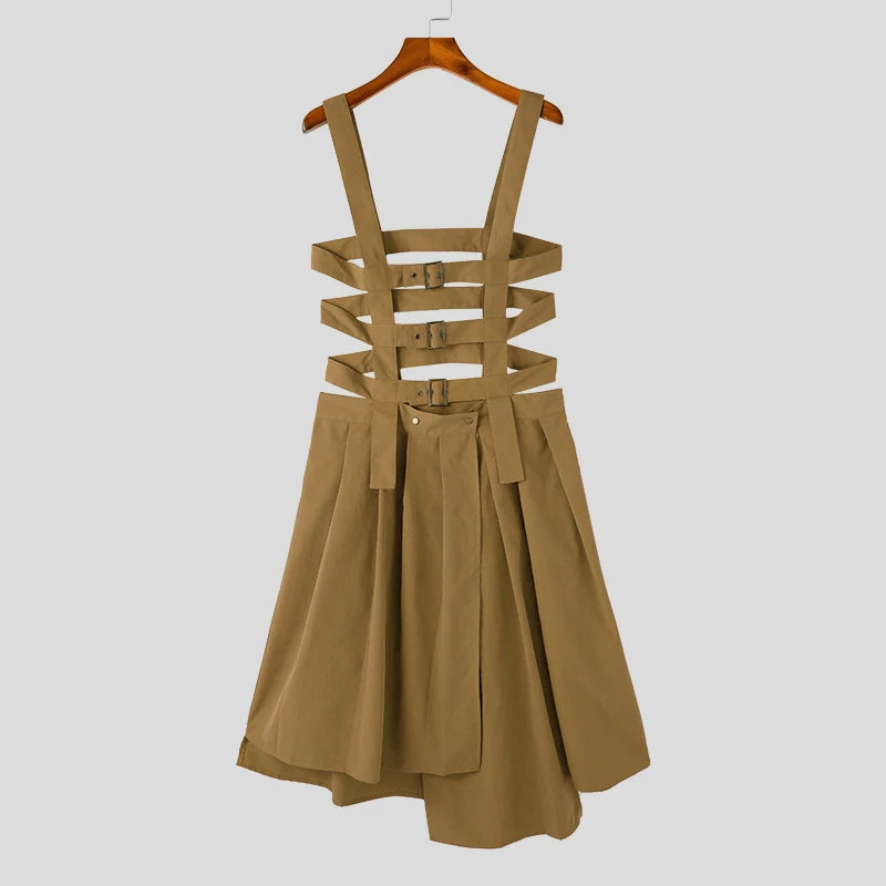 INCERUN 2023 American Style Mens Pleated Design Skirts Pants Casual Street Irregular Hem Solid Straps Half Skirt Jumpsuits S-5XL