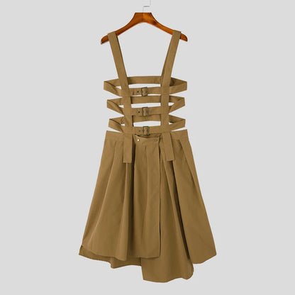 INCERUN 2023 American Style Mens Pleated Design Skirts Pants Casual Street Irregular Hem Solid Straps Half Skirt Jumpsuits S-5XL