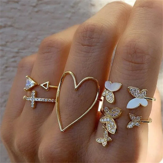 Boho Gold Color Heart Rings Set For Women Vintage Geometric Cross Pearl Butterfly Finger Rings Female Trendy Jewelry Gift