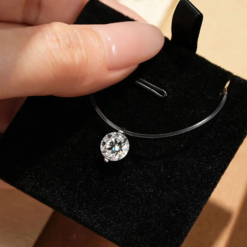 2025 New 2CT 8MM Round Moissanite Pendant Necklace Silver 925 Invisible Fishing Line Chain Necklaces for Women 0.5CT 1CT Diamond