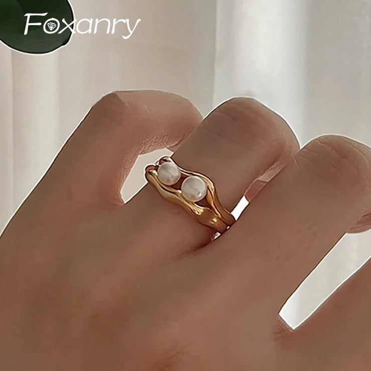 Foxanry Silver Color Pearl Rings for Women New Fashion Simple Double-layered Geometric Handmade Party Jewelry Gifts серьга