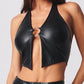 Sexy halter black leather corset Crop Top Women summer rave club Party Tank Top y2k streetwear PU womens Tops gothic clothes hot