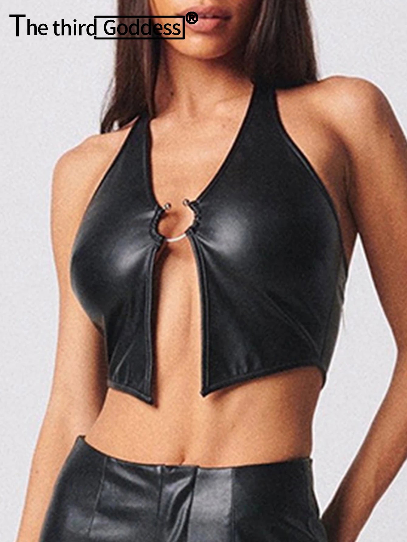 Sexy halter black leather corset Crop Top Women summer rave club Party Tank Top y2k streetwear PU womens Tops gothic clothes hot