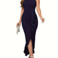 Robe de soirée moulante à volants pour femme, tenue de cocktail longue et élégante, style sirène fendue, idéale pour les invités de mariage