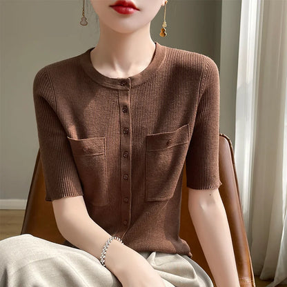 Women's Summer Round Neck Solid Color Fashion Slim Fit Fine Imitation Wool Knitted Short Sleeve Pocket Cardigan T-Shirt Top