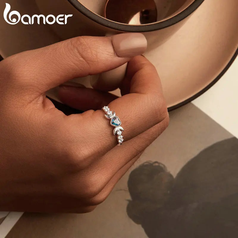 BAMOER White Gold Plated Moon Heart Ring, 925 Sterling Silver Vintage Fashion Rings for Women Girls BSR534