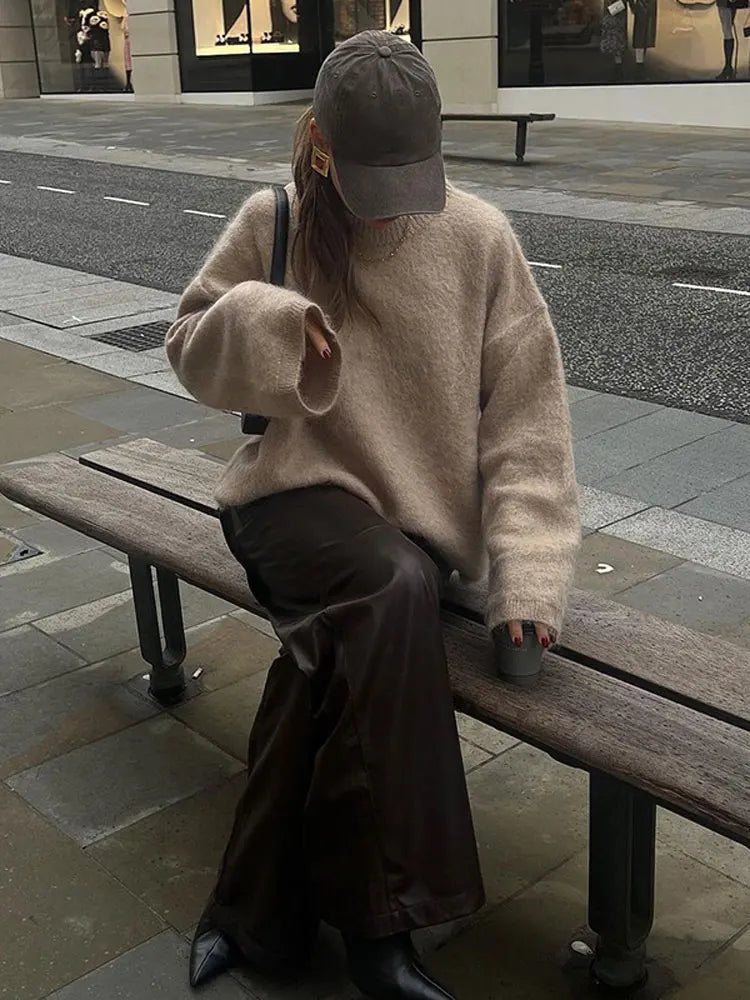 Soft Solid Mohair Knitted Pullover For Women Casual Loose O-neck Long Sleeve Sweater 2024 Autumn New Female High Street Knitwear